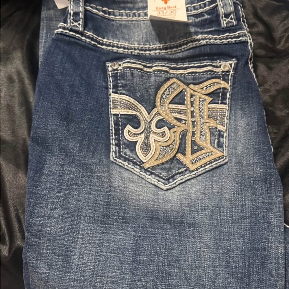 Rock Revival Dark Blue Boot Cut Jeans with Gold Stitching